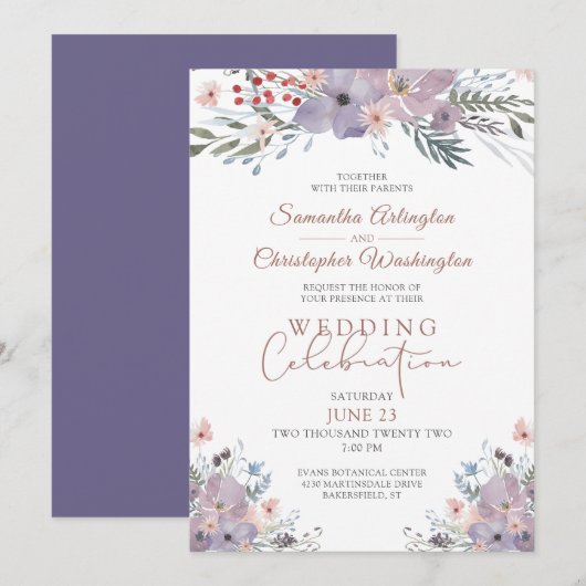 Invitation Fête du Mariage d'aquarelle Floral Purple (Devant / Derrière)