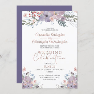 Invitation Fête du Mariage d'aquarelle Floral Purple