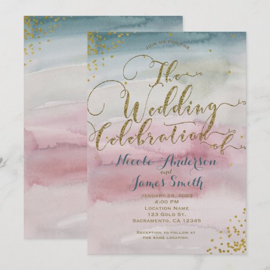 Invitation Fête du Mariage d'or Glam Watercolor moderne (Devant / Derrière)