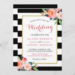 Invitation Fête du Mariage floral moderne Black Stripes