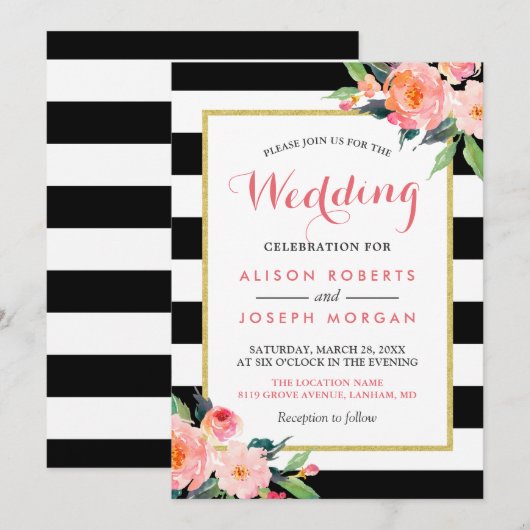 Invitation Fête du Mariage floral moderne Black Stripes (Devant / Derrière)