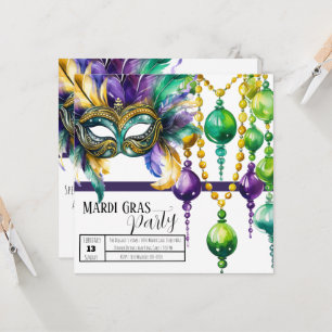 Invitation Fête du Masque Mardi Gras et des perles