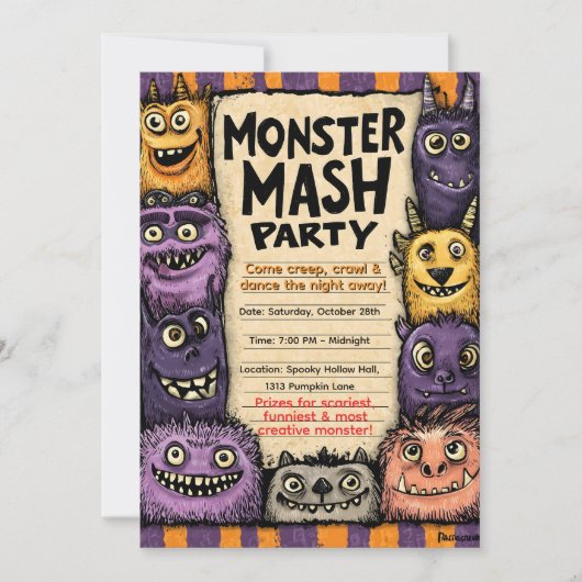 Invitation "Fête du Monster Mash" avec de Mignons Monstres (Devant)