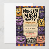 Invitation "Fête du Monster Mash" avec de Mignons Monstres (Devant / Derrière)