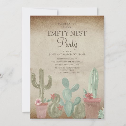 Invitation Fête du nid vide Cactus Rustique (Devant)