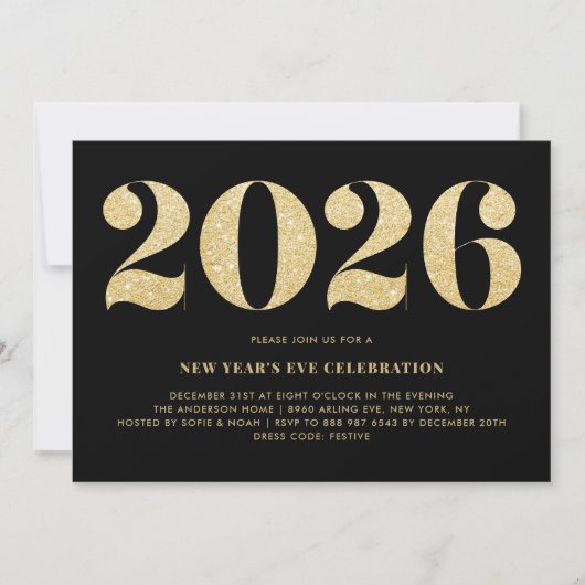 Invitation Fête du Nouvel An 2022 pailletée noir et or (Devant)