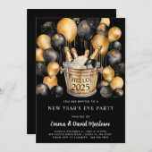 Invitation Fête du Nouvel An 2025 Ballons Noir Or (Devant / Derrière)