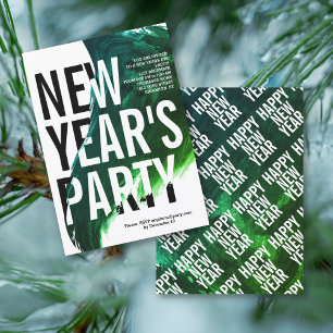 Invitation Fête du Nouvel An à l'aquarelle verte et blanche