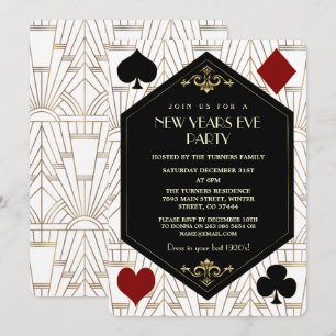 Invitation Fête du Nouvel An au Casino Glamour des Années Fol