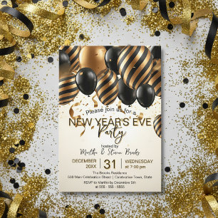 Invitation Fête du Nouvel An avec ballons noirs et or Glam