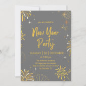 Invitation Fête du Nouvel An avec Feu d'Artifice Or Élégant (Devant)