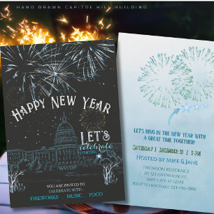 Invitation Fête du Nouvel An Bleu Glacé avec Capitale Feux d'