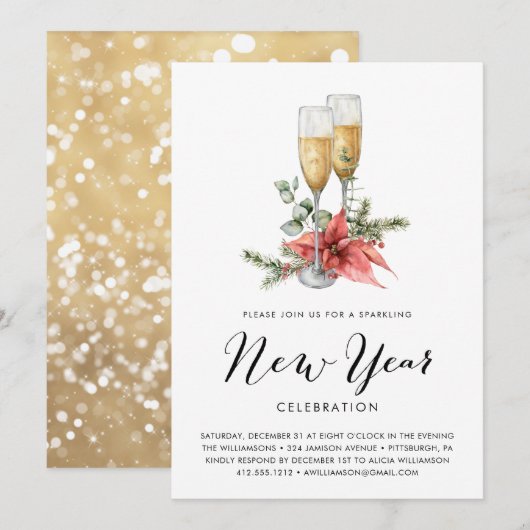 Invitation Fête du Nouvel An Champagne et verdure (Devant / Derrière)