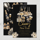 Invitation Fête du Nouvel An Champagne Gold Noir (Devant / Derrière)