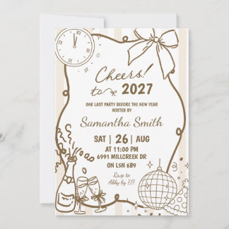 Invitation Fête du Nouvel An Champagne Manuscrit Doodle Beige