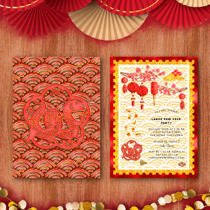Invitation Fête du Nouvel An Chinois du Dragon Or Rouge Zodia