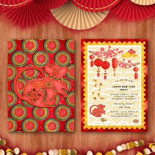 Invitation Fête du Nouvel An Chinois Zodiaque Rat Floral Or R