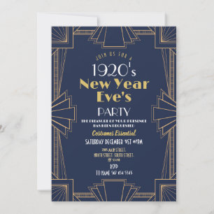 Invitation Fête du Nouvel An des années 1920 Art Déco Navy Or