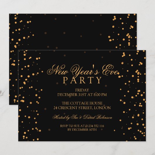 Invitation Fête du Nouvel An doré confettis points (Devant / Derrière)