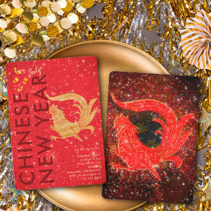 Invitation Fête du Nouvel An Lunaire Coq Paillettes Rouge Or