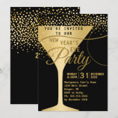 Invitation Fête du Nouvel An Noir avec Champagne Doré Étincel (Devant / Derrière)