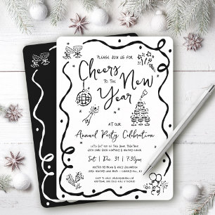 Invitation Fête du Nouvel An Noir et Blanc Dessinée à la Main