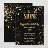 Invitation Fête Du Nouvel An Noir Et Étincelant (Devant / Derrière)