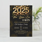 Invitation Fête du Nouvel An Paillettes Dorées Sur Fond Noir (Debout devant)