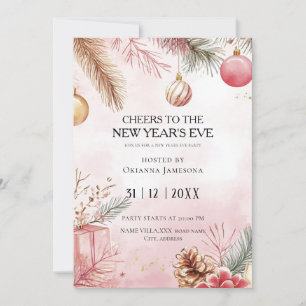 Invitation Fête du Nouvel An rose aquarelle