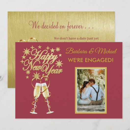 Invitation Fête du Nouvel An scintillante fiançailles or roug (Devant / Derrière)