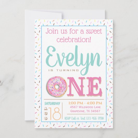 Invitation Fête du premier anniversaire de Donut rose (Devant)