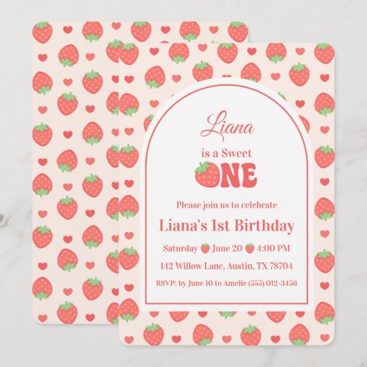 Invitation Fête du premier anniversaire de Fraise, Une fille (Devant / Derrière)