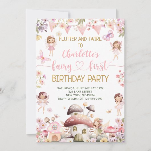 Invitation Fête du premier anniversaire de la fée Flutter et (Devant)