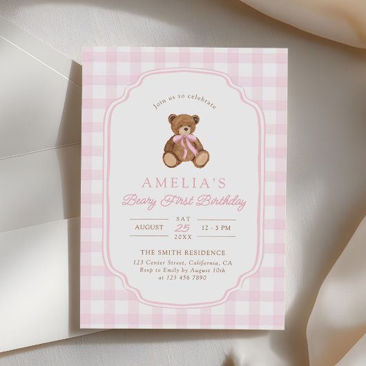 Invitation Fête du premier anniversaire de la fille ours en p