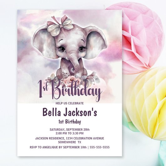 Invitation Fête du premier anniversaire de la petite éléphant