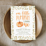 Invitation Fête du premier anniversaire du petit Citrouille<br><div class="desc">"Invite guests to your little one's first birthday party with our cute Little Pumkin Invites" ! The fall-themed first birthday party invites feature "our little pumkin is turning one" in orange, hand-lettered font with a watercolor pumkin as the "o" in one. Your child's birthday details are framed by beautiful green...</div>