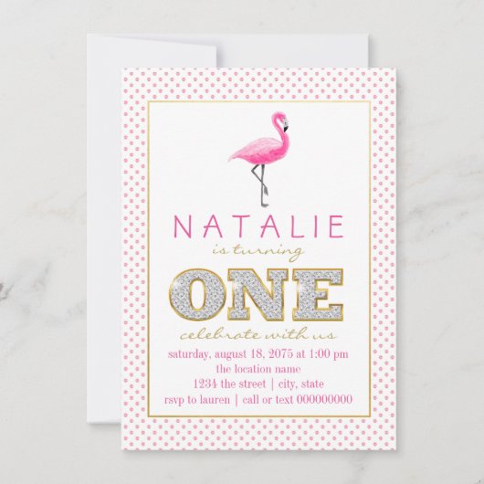 Invitation Fête du premier anniversaire Flamant Rose (Devant)