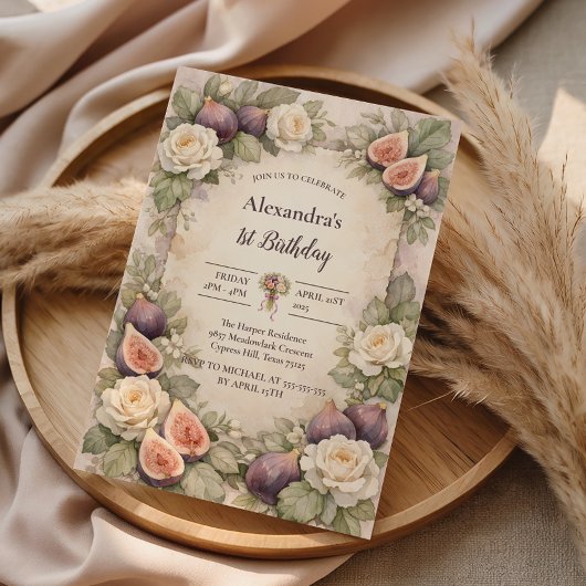 Invitation Fête du premier anniversaire Fleur Figue Neutre