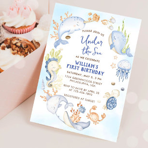 Invitation Fête du premier anniversaire garçon bleu sous la m