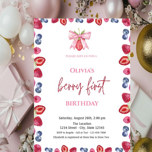 Invitation Fête du premier anniversaire Watercolor Blueberry
