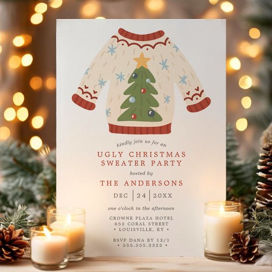 Invitation Fête du pull de Noël moche et ringard avec sapin d