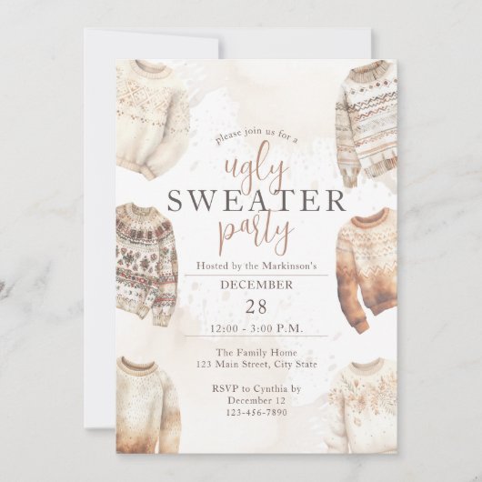 Invitation Fête du pull moche à l'aquarelle neutre (Devant)
