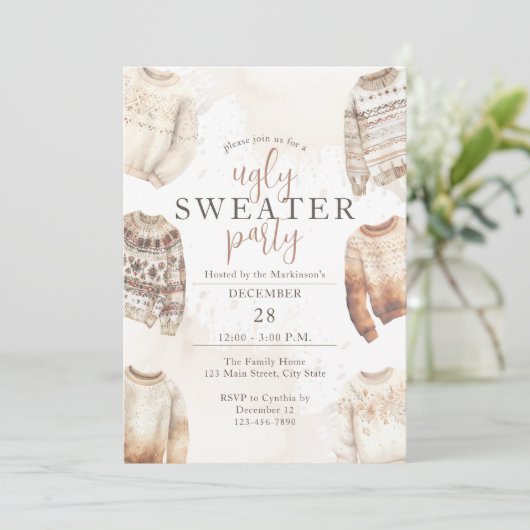 Invitation Fête du pull moche à l'aquarelle neutre (Debout devant)