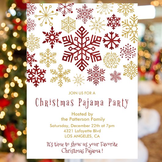 Invitation Fête du pyjama de Noël Chic Red Cute Flocon de nei