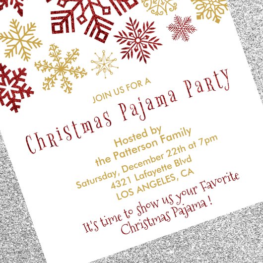Invitation Fête du pyjama de Noël Chic Red Cute Flocon de nei