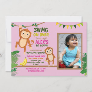 Invitation Fête du singe Anniversaire Swing Photo Pink Invita