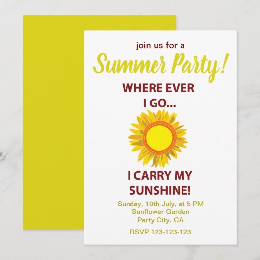 Invitation Fête du Soleil Tournesol Ensoleillement Eté (Devant / Derrière)