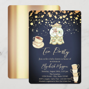 Invitation Fête du thé à points dorés Bleu marine Baby Shower