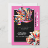 Invitation fête du thé casquette fête mascarade plumes rose (Devant)