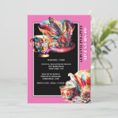 Invitation fête du thé casquette fête mascarade plumes rose (Debout devant)